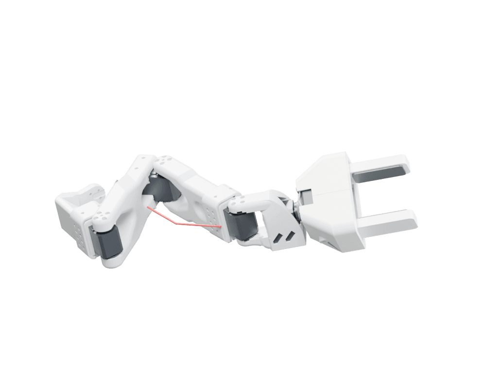 Kural arm with its custom white parallel palm gripper attached to the wrist.